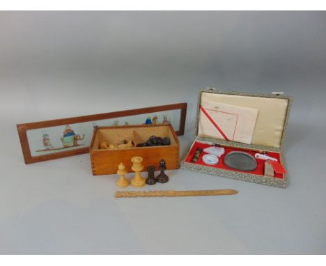 A boxed Staunton's style chess set, together with a Japanese calligraphy box complete with ink stone and stick brush, etc, an