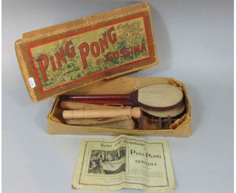 Vintage boxed game:  'Ping Pong or Gossima' by J Jacques &amp; Son and Hamley Bros with bats, net, fixings and instructions