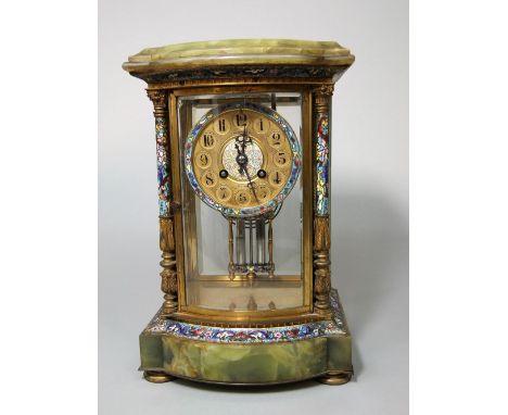 An onyx and cloisonne four glass mantle clock by Gibson &amp; Co of Belfast, twin train drumhead movement, bow fronted case, 