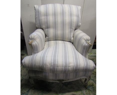 A pair of drawing room chairs, with shaped outline and recently re-upholstered finish, with light grey and cream ground alter
