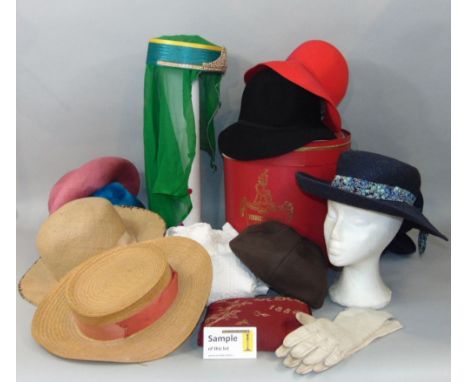 Collection of textiles including two vintage white cotton night dresses, basket of ladies gloves with an embroidered glove ca