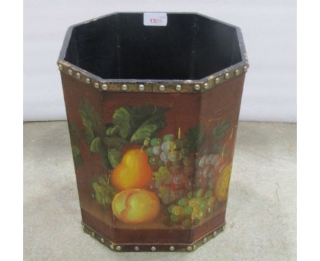 A vintage wooden waste paper bin of octagonal form with studded bands and hand painted fruit detail