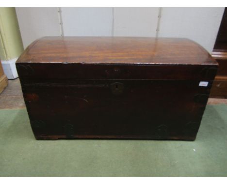 19th century camphor wood trunk with domed lid, shaped brass banded corners and carrying handles, 92cm wide