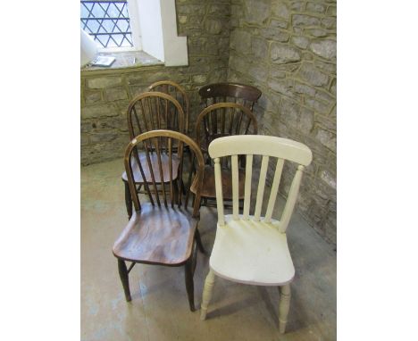 Six vintage kitchen chairs of varying design to include three Windsor hoop and stick back examples in elm, ash and beech