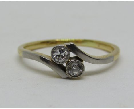 18ct diamond crossover ring with millegrain detail, each stone 0.10cts approx, size P, 2.6g