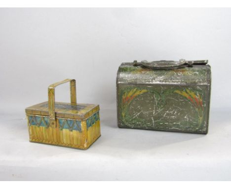 A vintage Palmers Brothers of Bristol printed tin plate box in the form of a picnic hamper and a further Huntley &amp; Palmer