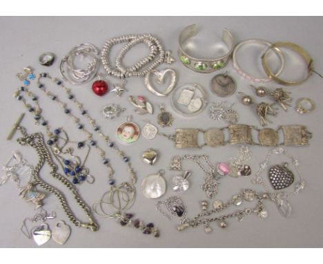 Collection of mostly silver costume jewellery to include a silver gilt hinged bangle with foliate decoration, further cuff ba