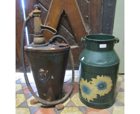 Painted cast aluminium milk churn, together with a vintage oil/petrol pump (2)