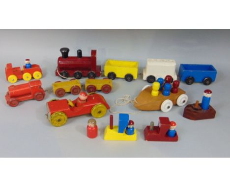 Collection of vintage wooden wheeled toys including red car by Escor and train by Nicol Toys