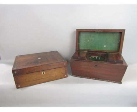A Victorian rosewood sarcophagus shaped tea caddy with fitted interior, further 19th century walnut and rosewood, string inla