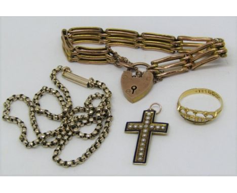 Collection of gold and yellow metal jewellery comprising a 9ct belcher chain, an 18ct diamond ring, size M/N, an enamelled cr