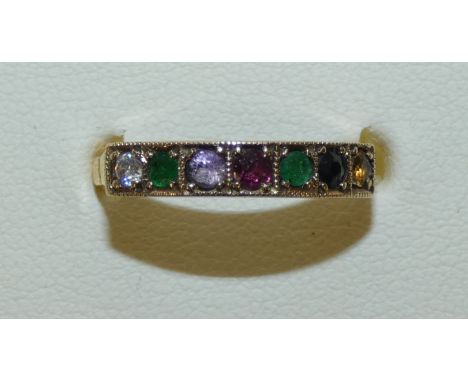 A 22ct gold "DEAREST" sentimental ring set with diamond, emerald, amethyst, ruby, sapphire, topaz, size O, 2.3ct