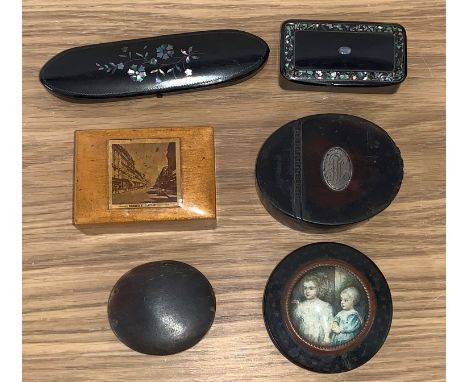 A 19th century silver mounted tortoiseshell sniff box and papier mache snuff box and other collectibles