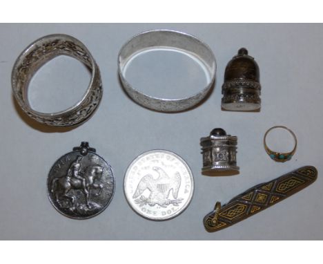 A Victorian gold turquoise and diamond ring, a Victorian silver napkin ring, London 1888, a 1914-1918 medal and other collect