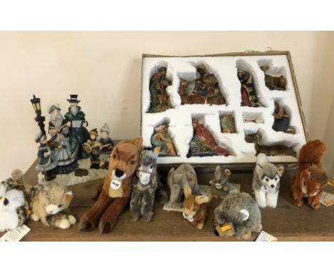 A collection of original Steiff animals, silk scarves, two modern wall hangings, tapestries, boxed resin nativity figures, re
