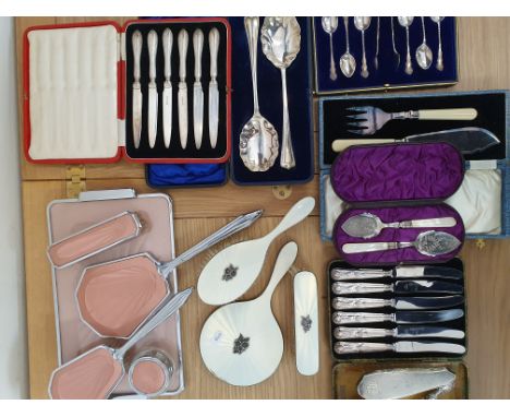 A silver and white guilloche enamel three piece dressing table set, Birmingham 1960, a silver handled set of tea knives, case