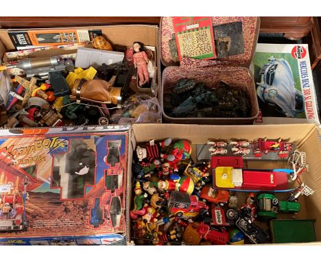 A windup tinplate tractor and trailer, tin plate drummer, Disney figurines, model of working ladies bicycle, Airfix kit, plas