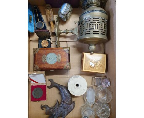 A gilt pair of lorgnettes, case and brass wall mounted oil lamp and other collectibles.