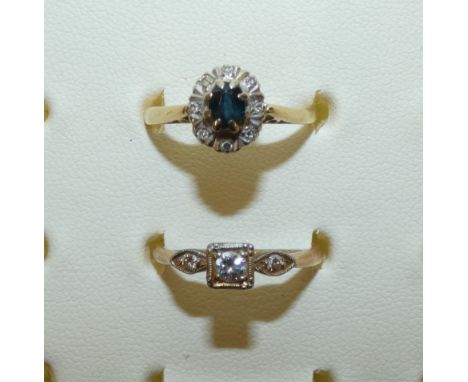 An 18ct gold sapphire and diamond cluster ring and an 18ct gold diamond single stone ring, 5.5gm