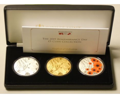 A limited edition proof copper plated in pure silver or 24ct gold The Jubilee Mint "2019 Remembrance Day" £5 coin collection,