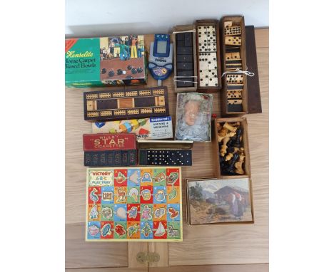 Five sets of Domino's, including Wills Star cigarettes and Wills Woodbine cigarettes, cased a cribbage board and other games.