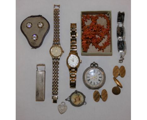 A silver fob watch, a branch coral necklace and other collectibles