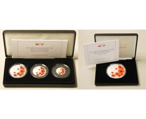 A limited edition solid silver proof The Jubilee Mint "2019 Remembrance Day" collection of 3, cased, together with a matching
