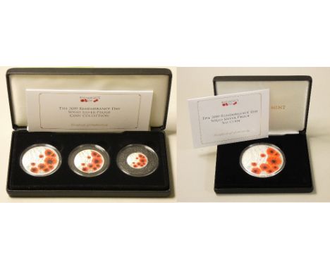 A limited edition solid silver proof The Jubilee Mint "2019 Remembrance Day" collection of 3, cased, together with a matching