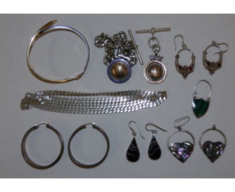 A pair of silver and garnet earrings and other silver jewellery