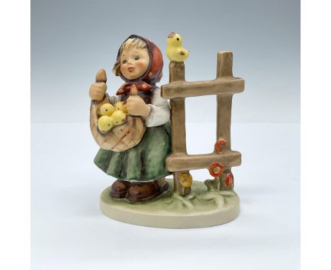 Also referred to as Girl with Chicks. Hand painted figurine depicting a young girl holding an apron filled with baby chicks. 