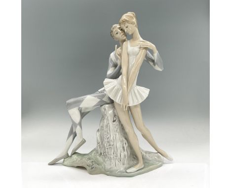 Glazed porcelain figure of a sitting man with his arms around a standing ballerina lady. Lladro backstamp. Artist: Alfredo Ru