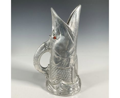 A designer, aluminum fish pitcher with encrusted amber eyes and decorative fish shaped handle. Arthur Court Design 1977 impre
