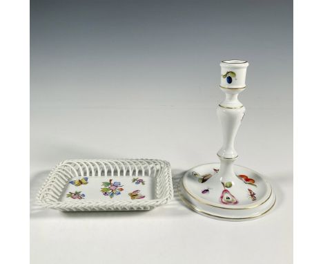 Includes a rectangular basket tray with a lattice edge, decorated with flowers and butterflies. Also includes a candlestick h