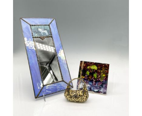 Set includes painted tile (4.25"L x 4.25"W), enamel over metal keepsake box designed as a purse (3.25"L x 1.25"W x 3.25"H) an