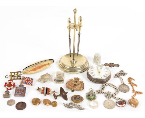 MISCELLANEOUS SILVER AND OTHER ARTICLES, TO INCLUDE VARIOUS ENAMEL BADGES, VESTA CASE, LEVER WATCH, ETC 