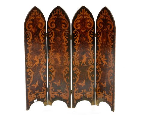 A REGENCY STYLE MAHOGANY FOUR FOLD FIRESCREEN WITH PENWORK DECORATION, 73CM H 