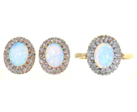 A PAIR OF DIAMOND AND SYNTHETIC OPAL EARRINGS IN 9CT GOLD AND A RING EN SUITE, SIZE N, 5.5G 