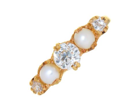 AN OLD CUT DIAMOND AND CULTURED PEARL RING, IN GOLD MARKED 18CT, 3G, SIZE M½ 