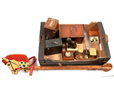 A BRASS POSTAL BALANCE ON WALNUT BASE, AN EARLY EVEREADY MAHOGANY BATTERY TORCH, AN ENSIGN ROLL FILM CAMERA COVERED IN BLACK 