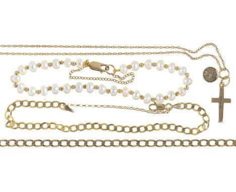 A 9CT GOLD CROSS PENDANT AND A ST CHRISOPHER CHARM IN GOLD MARKED 9CT, ON A 9CT GOLD CHAIN, TWO OTHER 9CT GOLD CHAINS, 16G, A