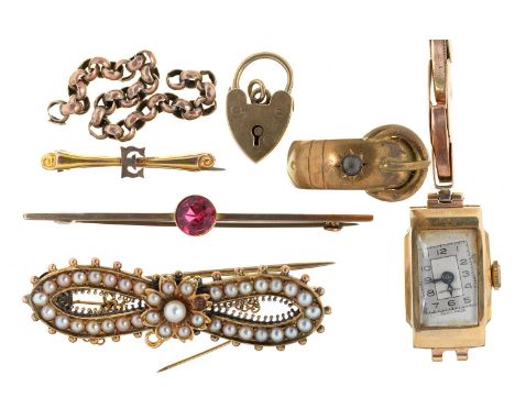 A VICTORIAN PEARL SET BOW BROOCH IN GOLD, 8G, A 9CT GOLD LADY'S WRISTWATCH, ON A GOLD BRACELET MARKED 9CT, 11.5G, MISCELLANEO