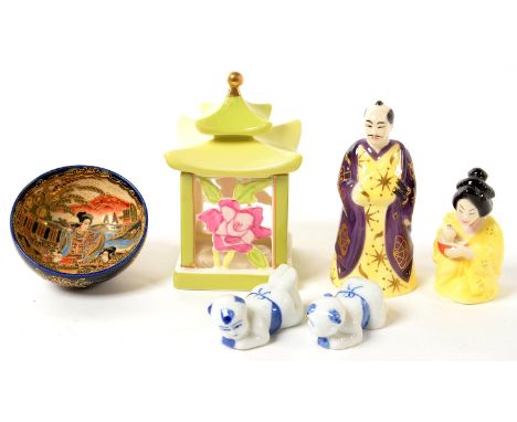 A PAIR OF ROYAL WORCESTER CONNAUGHT COLLECTION SAMURAI AND JAPANESE GIRL CANDLE SNUFFERS, 11CM H AND SMALLER, ETC 