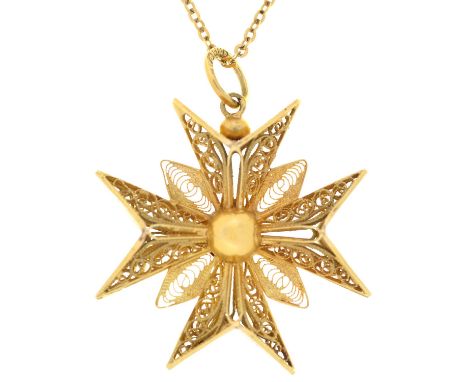 A GOLD FILIGREE PENDANT, MARKED C18, ON A GOLD CHAIN MARKED 750, 10G 