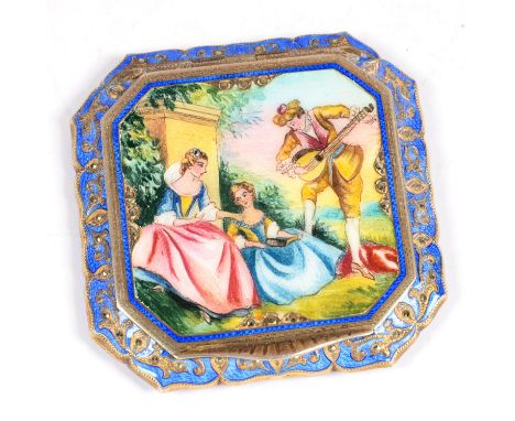 AN AUSTRO HUNGARIAN MARCASITE SET SILVER GILT AND PAINTED IN BLUE GUILLOCHE ENAMEL COMPACT, THE LID WITH TWO LADY'S SERENADED