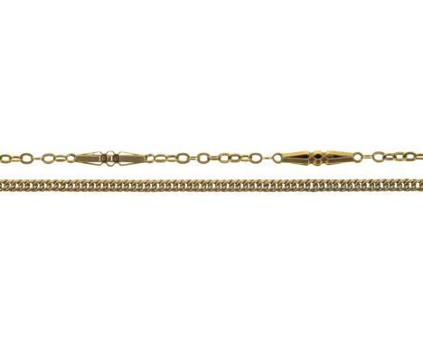 A GOLD MUFF CHAIN, REPAIRED AND A SHORTER GOLD CHAIN, 45.5G 