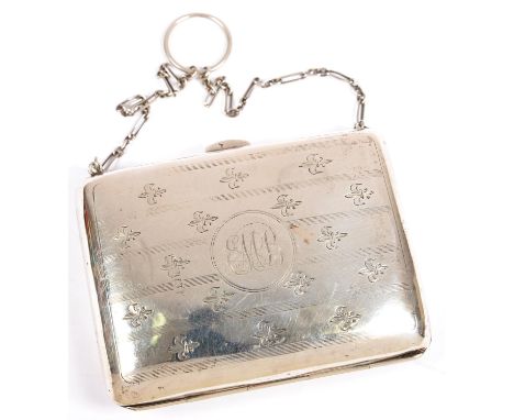 A SILVER PURSE WITH CHAIN AND FINGER RING, 11 X 8 CM, UNMARKED, EARLY 20TH C, 3OZS 