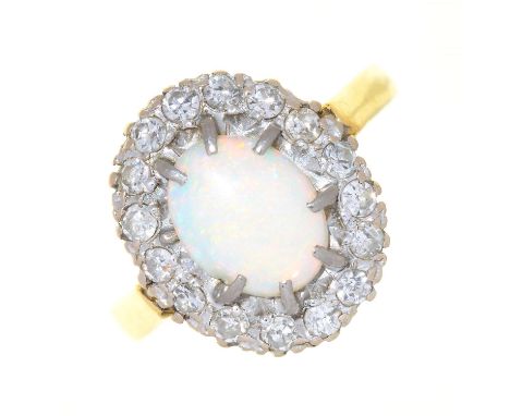 AN OPAL AND DIAMOND CLUSTER RING IN 18CT GOLD, LONDON 1976, 6G, SIZE P 