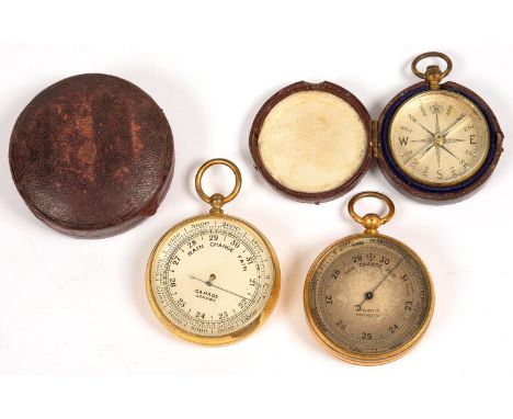 A VICTORIAN GILTBRASS COMPASS IN TOOLED MAROON MOROCCO CASE AND TWO CONTEMPORARY GILT BRASS POCKET BAROMETERS, BY A. FRANKS L