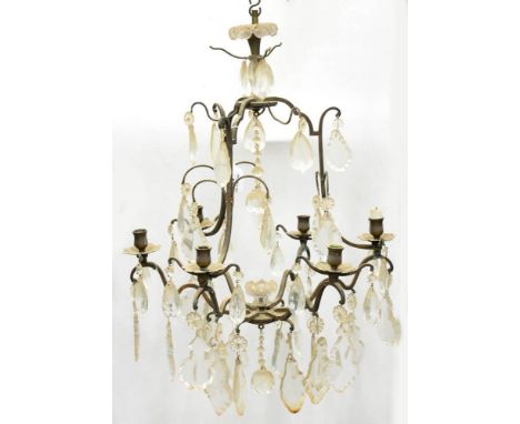 A BRASS SIX LIGHT CHANDELIER WITH FLAT AND PEAR SHAPED GLASS DROPS, 68CM H AND A SET OF FOUR AND A SET OF THREE VICTORIAN STY