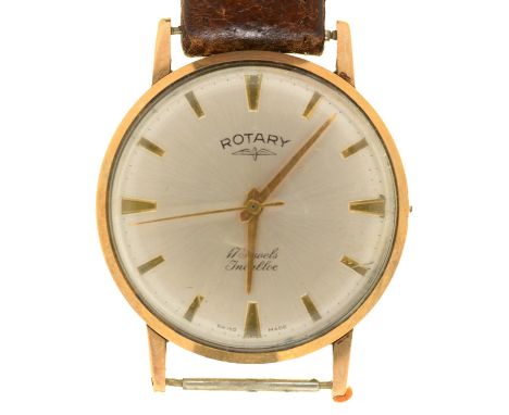 A ROTARY 9CT GOLD GENTLEMAN'S WRISTWATCH, LONDON 1965, MAKER SD, NUMBERED 7339, LEATHER STRAP, 3.7 CM DIAMETER 